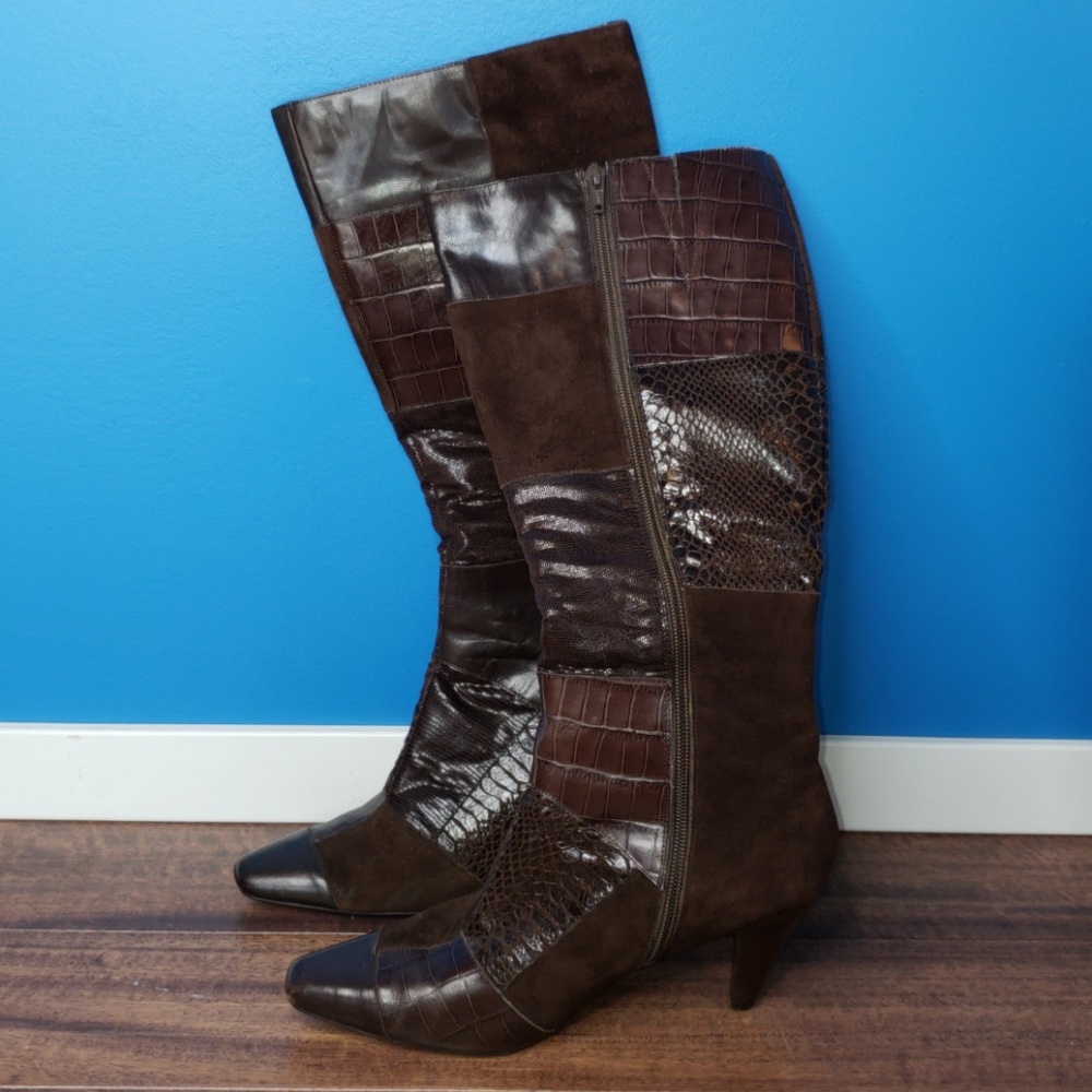GUC Bandolino Brown Patchwork Knee High Heel Boots